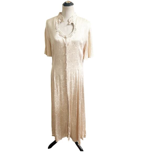 Fredericks Of Hollywood Vintage Nightgown Button Front Floral Size 16 Champagne - Picture 1 of 16